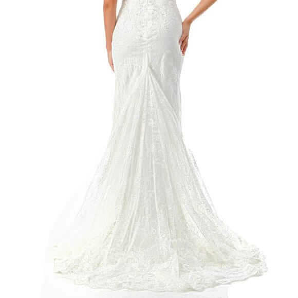 New Sheath Off White Long Wedding Gown w/ Halter Neck & Floral Lace TC MS0022 - Picture 8 of 8